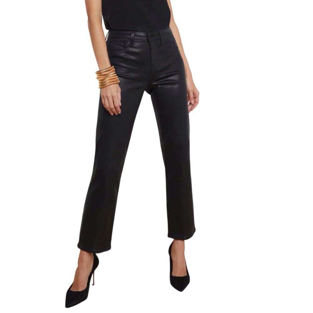 L'AGENCE Womens Jeans Size 26 Ginny High Rise Straight Noir Coated Zip Ankles